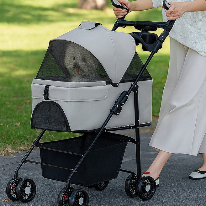 BLACK K7 강아지유모차 퀵폴딩 탈부착 디럭스 강아지유모차 개모차 고양이유모차 반려동물 안전 보호 야외 산책/여행 적합, 그레이