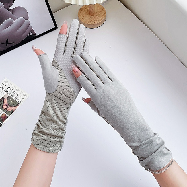 패션 여성 두손가락없는 긴 장갑 주름 무지면 여행 등산 자외선차단 운전 장갑