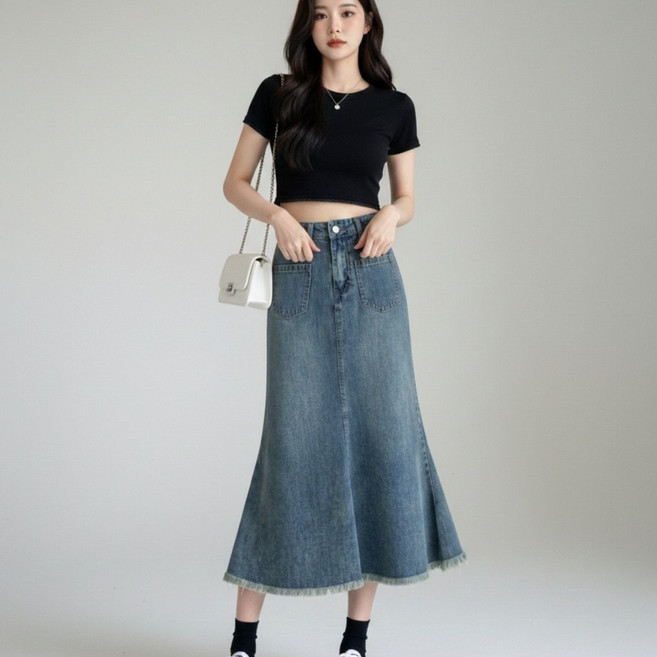 Shopflix 여성용 데일리 여름 데님 스커트 빈티지 A라인 롱 청치마