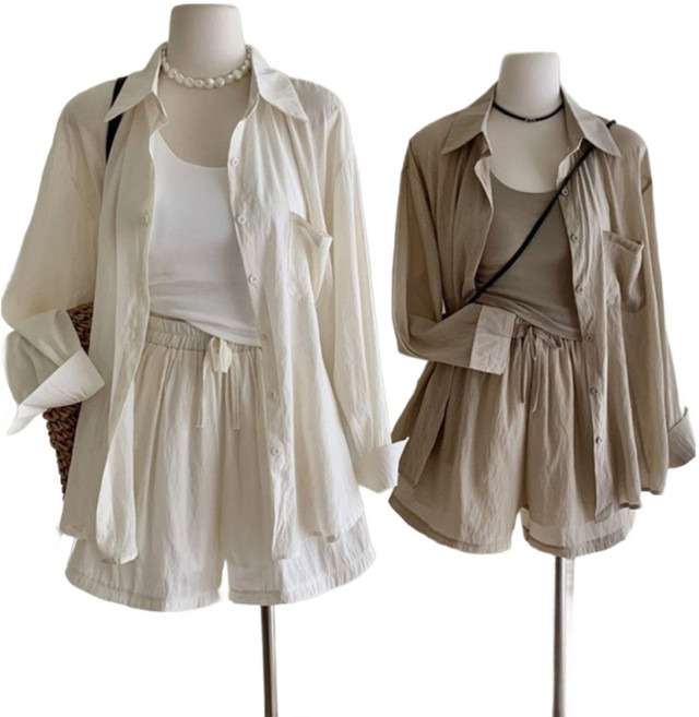 RCLET 여성 반바지세트 얇은 자외선차단셔츠+나시+반바지 3종세트 여름세트 캐주얼세트 데일리룩