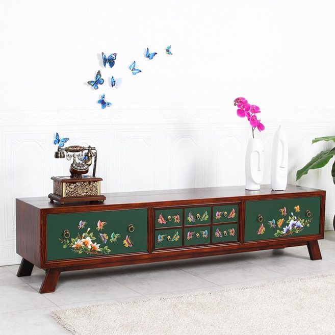 다한수제고가구 오동 나비 원목 거실장 세트 (그린)