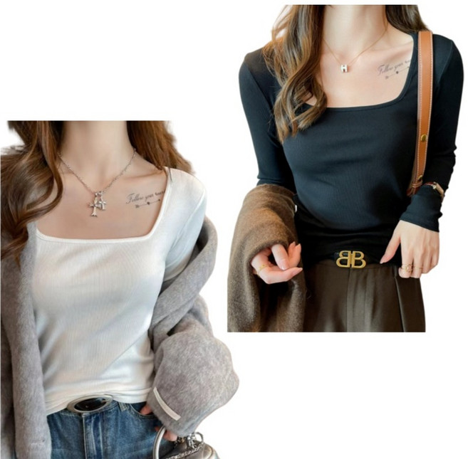 여성 스퀘어넥 레이어드 긴팔티 슬림 화이트1+블랙1