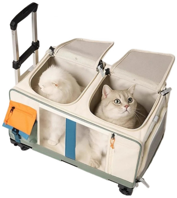 먀오샤오위안 대형 캔버스 반려동물 이동 가방 2in1 - 백팩+캐리어 통기성 우수 휴대용 멀티펫 여행 캐리어 (강아지 고양이), 멀티캣 베이지 그린 레버백, 1개