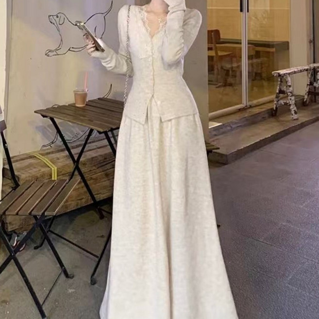 봄 가을 여성 니트 세트 캐주얼 브이넥 니트 가디건 + 하이웨스트 롱 스커트 상하의 투피스 기질 슬림핏 여자 니트 투피스 세트 CY