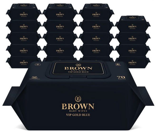 브라운 VIP 골드 블루 도톰한 엠보싱 저자극 아기 물티슈 캡형, 80g, 70매, 20개