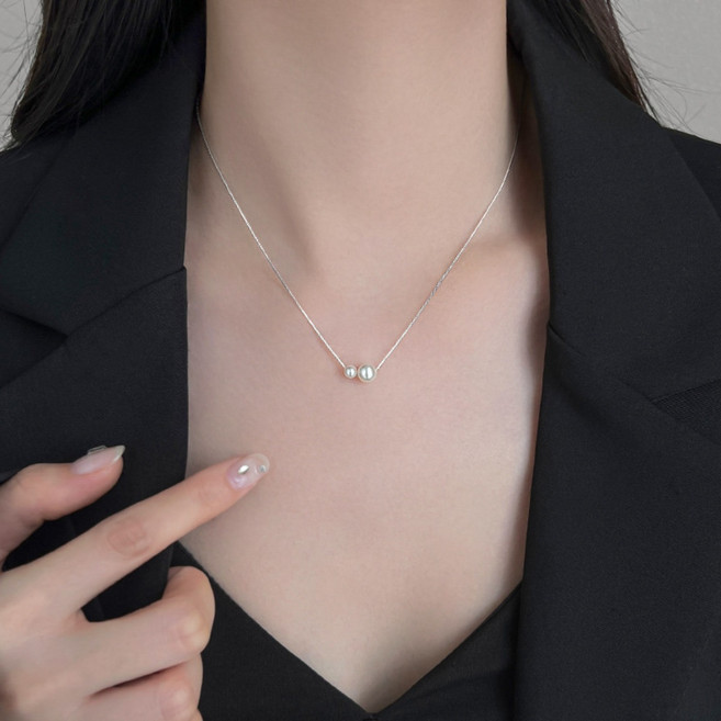 REVIE 여성 진주 은목걸이 심플 실버 케이스포함