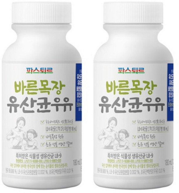 파스퇴르 바른목장 유산균우유 180ml, 12개