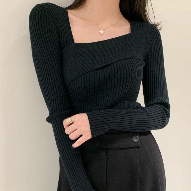 서진맘 여성 캐주얼 언발 스퀘어넥 슬림핏 골지 이너 니트 티셔츠