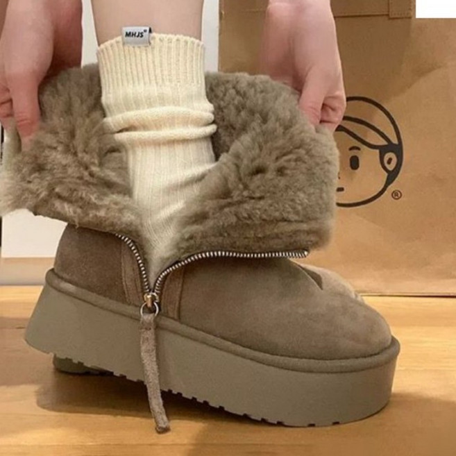 여성용 방한 부츠 가죽 퍼 안감 두꺼운 밑창 스노우 부츠 여성용 털 부츠 겨울 신발 미끄럼방지