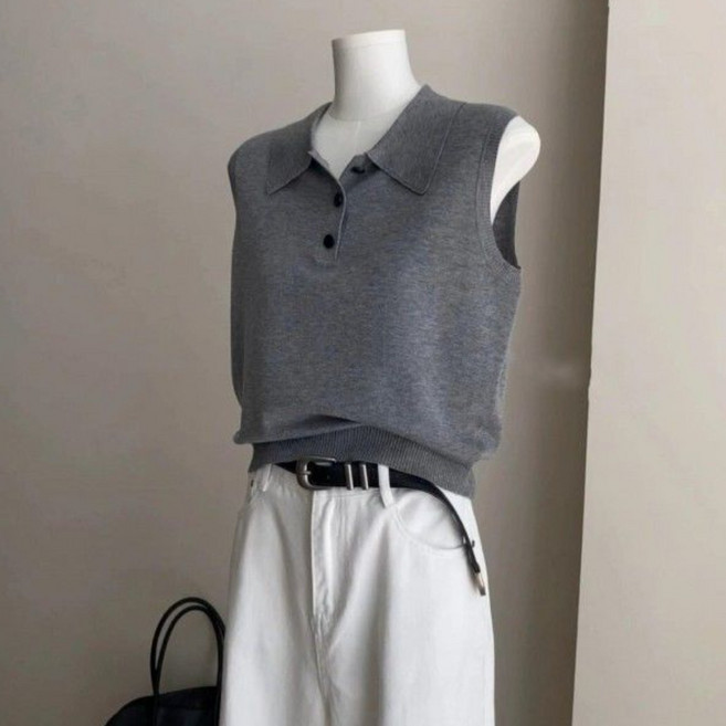 미중 여성 여름 뉴 민소매 셔츠넥 니트 트렌드 무지 심플 반팔 yy