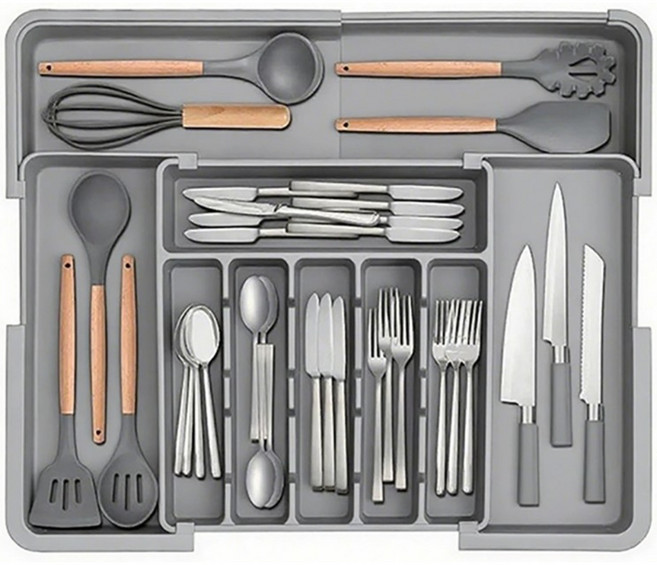 Alemon 길이조절 가능 주방 서랍용 수저 정리함 정리함 트레이, 그레이, 1개