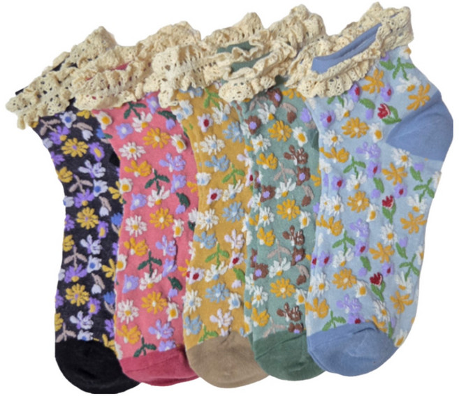 양말맛집 2026년 신상품 여성 레이스 플라워_꽃밭 단목 꽃양말 5컬러 세트