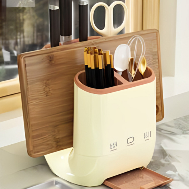 안나네 프리미엄 올인원 주방 수납 스테이션 칼도마 수저 정리함 물빠짐 트레이형, 1개, 아이보리