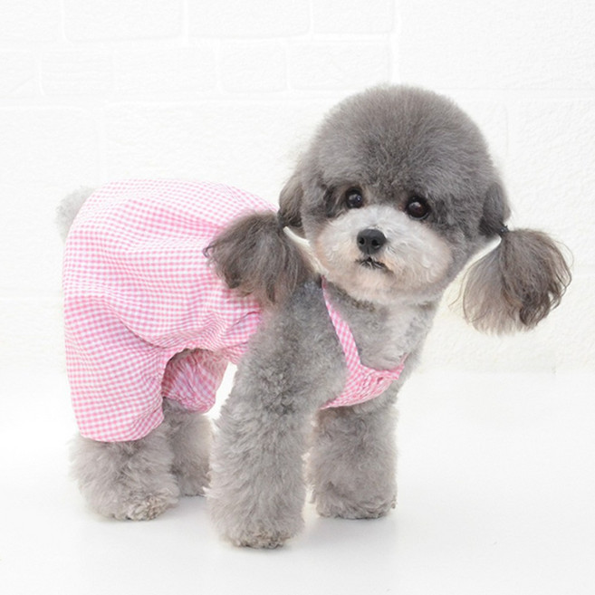 펫보스 강아지 체크 멜빵 호박바지 올인원, 핑크, 1개