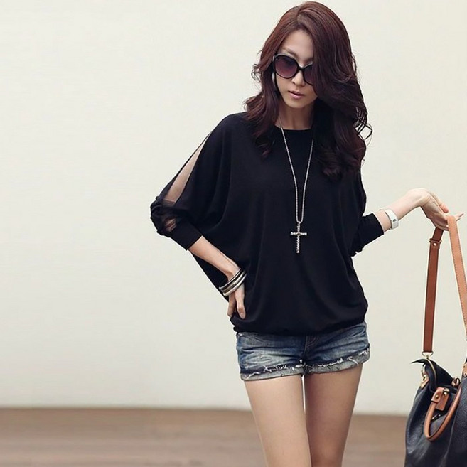 ROYALBELLE 여성 패션 레이스 시스루 티셔츠 라운드넥 가오리소매 루즈핏 캐주얼 긴팔 티 D0012404