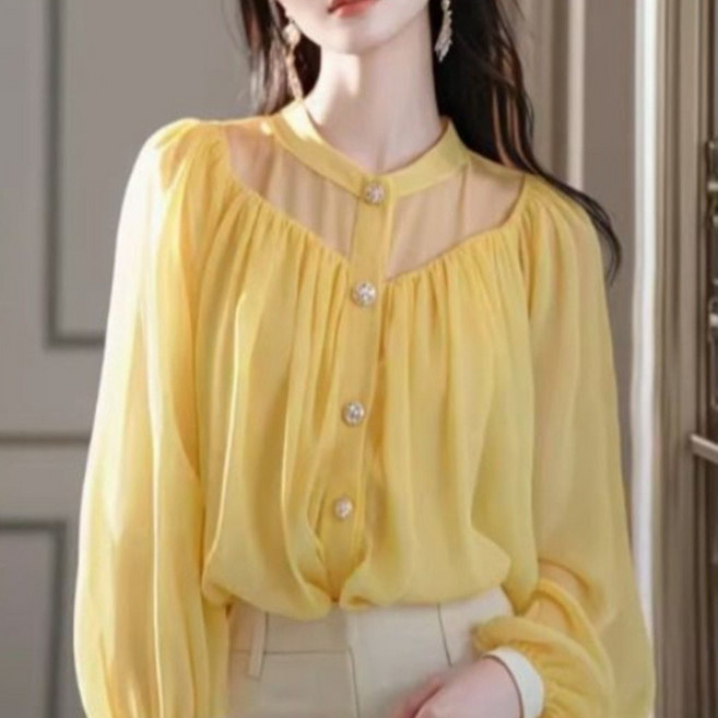 MOSAIRATION 여성용 시스루 숄더 디자인 쉬폰 블라우스 봄 여름 가을 H18