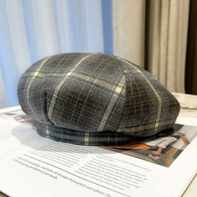 여성 빵모자 가을모자 화가 빈티지 체크무늬 꼭지 베레모
