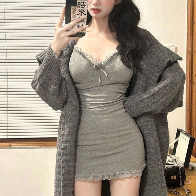 Asure 여성 봄여름 슬림핏 레이스 나시 원피스 브이넥 이너웨어 원피스