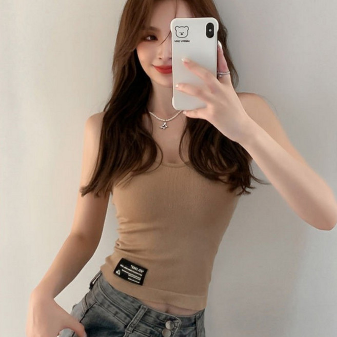 여성 브이넥 골지 캡나시 크롭 브라탑 골지 브라캡 나시 슬림핏 이너탑