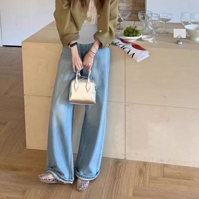 임산부 여름 청바지 와이드핏 청바지 여성용 넉넉한 허리밴드 탄력적 편안함 캐주얼 일상 JS