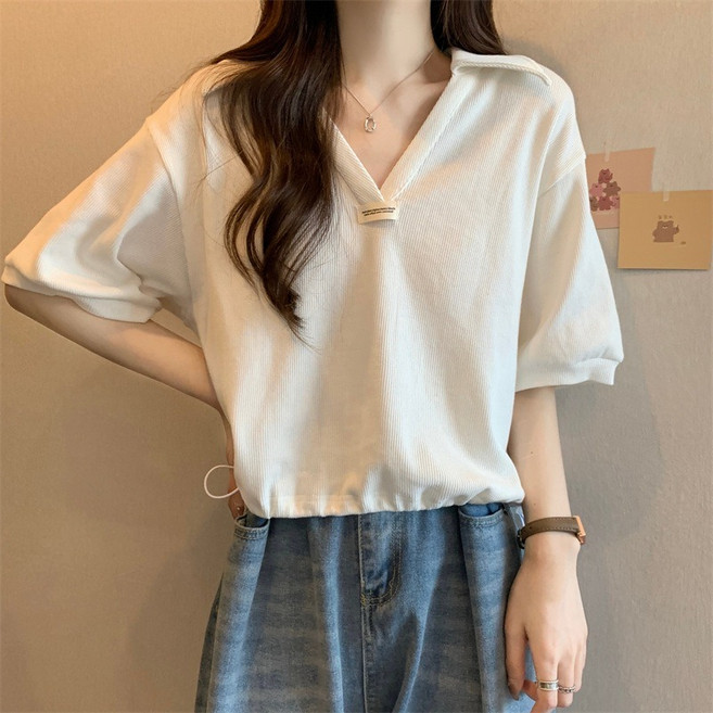 韓版翻領寬鬆V領短袖上衣