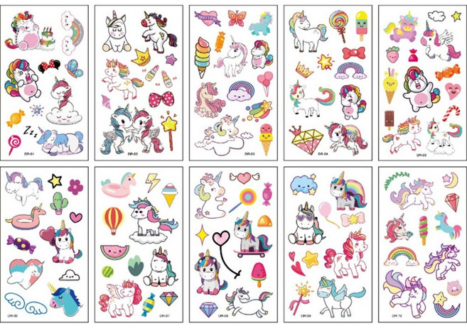 KC인증 유니콘 어린이 타투스티커 야광 헤나 문신 페이스페인팅 할로윈 크리스마스 어린이집 유치원 학교 수업 놀이용 교구, DR타입 10종, 1개