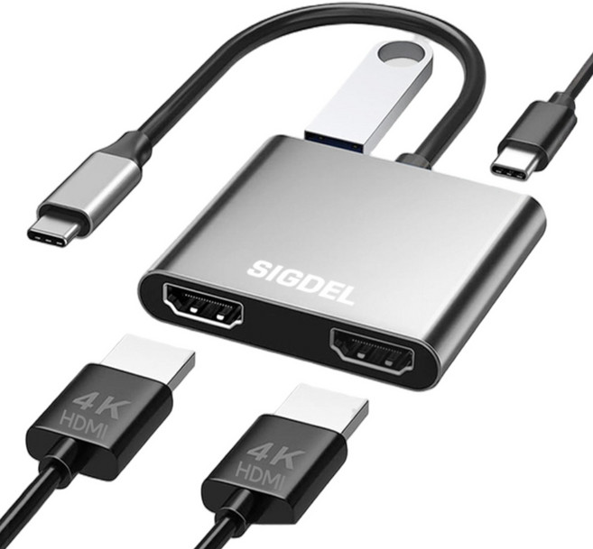 시그델 C타입 C TO HDMI 4in1 듀얼 모니터 2대 확장 3분할 연결 화면 분배기 4K 멀티 USB 3.0 PD90W 노트북 컴퓨터 젠더 허브 M-01, 메탈실버, 1개