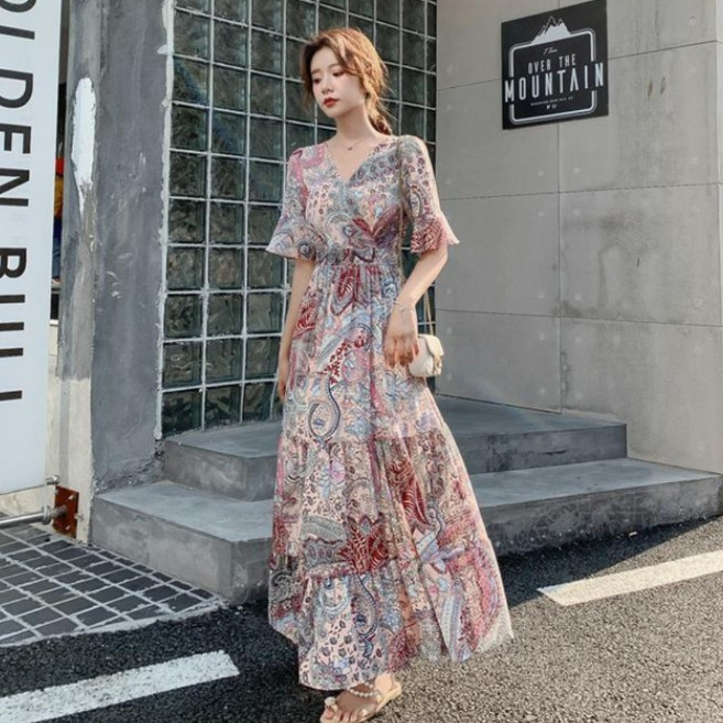 마스우노 여름 봄 여자 여성 롱 A라인 원피스 우아 플로럴 민소매 롱원피스 데일리룩 꽃무늬