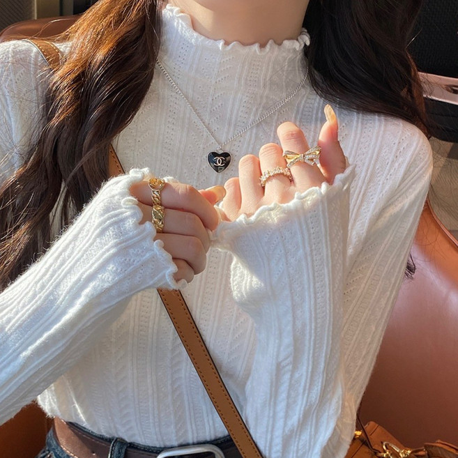 제이씨엠 JCM442 여성 반폴라 니트 블라우스 슬림핏 터틀넥 목폴라 레이스니트