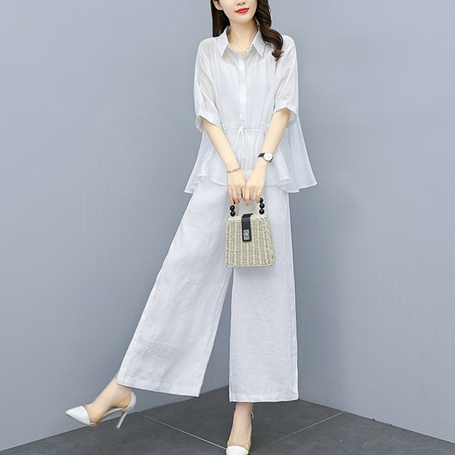 ZAJA 중년 여성 투피스 여름 린넨 캐주얼 세트 엄마옷