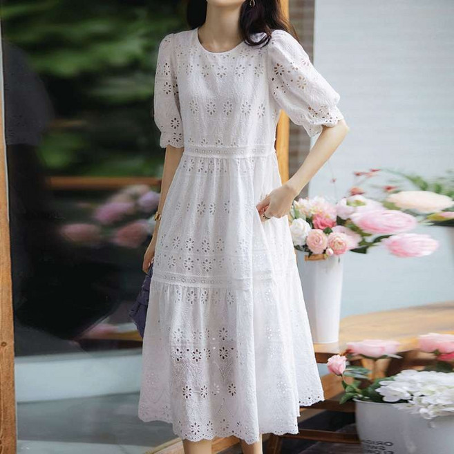 더벨러리 여성 레이스 펀칭 반팔 롱 원피스 BCO1729 하객원피스 여름 자수