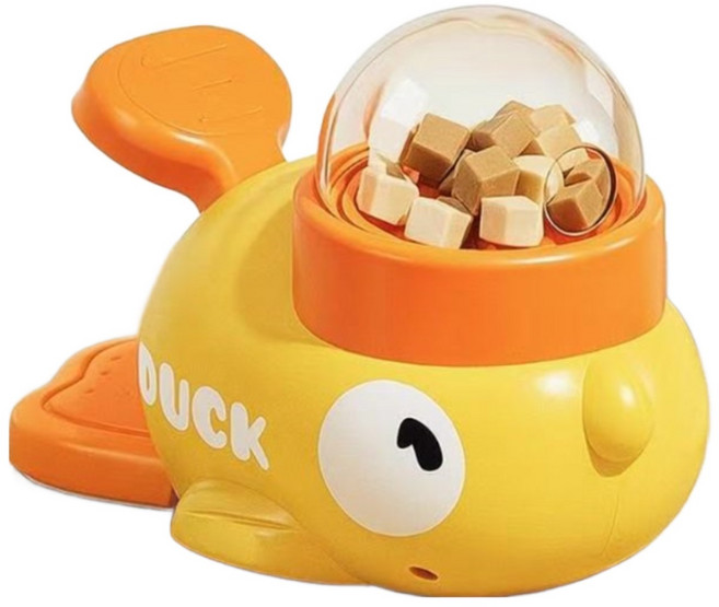 강아지 고양이 푸드 디스펜서 장난감 덕키(오리) 푸드 토이 자동 급식 + 상호작용 장난감 2in1, 1개, 노란색