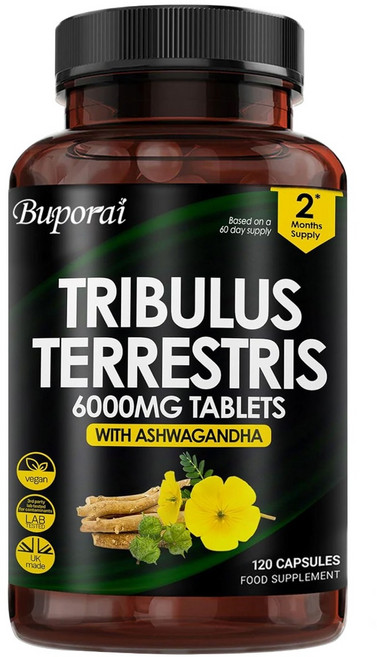 아슈와간다가 강화된 트리불루스 테레스트리스 6000mg 고강도 정제 - 사포핀 95% 함유 트리불루스 테레스트리스 - 트리불루스 테레스트리스 정제 120정, 1개, 60정