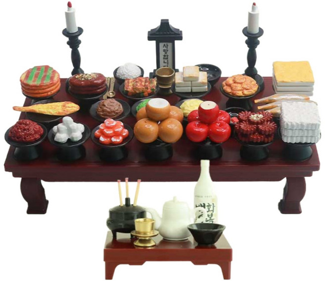 납골당장식 추모 봉안당꾸미기 장식 고급스럽고 사실적인 미니어쳐1인제사상 향로상 산수화병풍세트, 1개