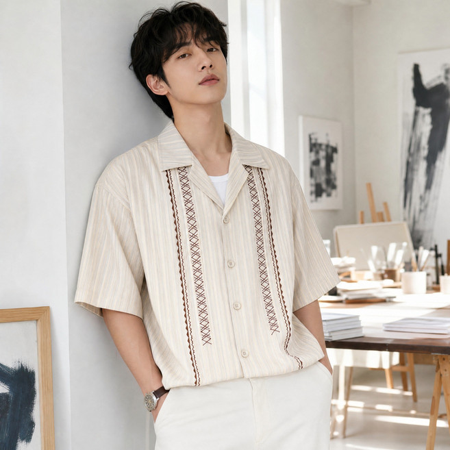 스타일닥터 남성 여름 반팔 셔츠 오픈칼라 하와이안 빈티지 패턴 루즈핏 통기성 상의
