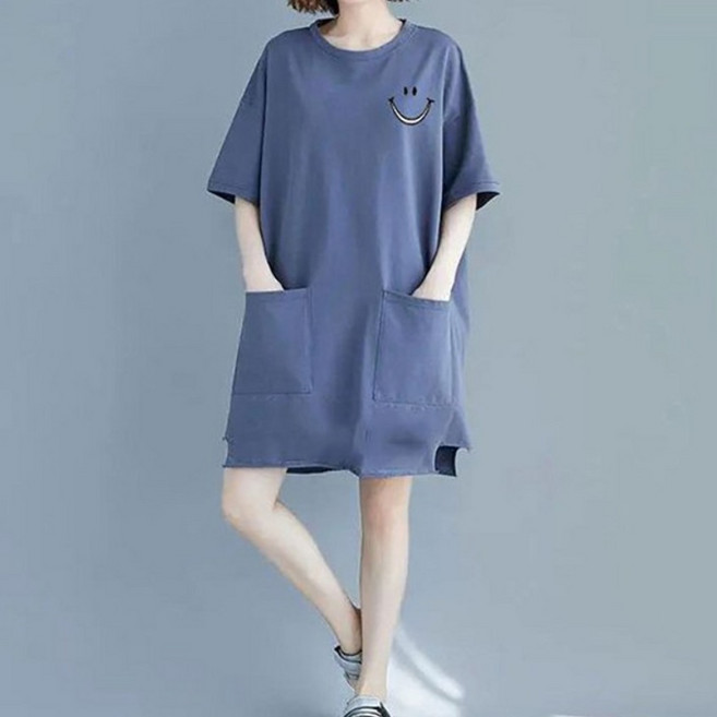 지고다그 1+1 여성 봄여름 루즈핏 반팔 롱티셔츠 빅포켓 포인트 빅사이즈 편안한 중롱 길이 티셔츠 ZKA0202