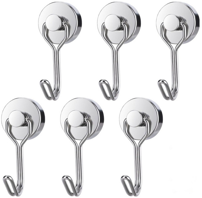 자석 후크 세트 초강력 흡착력 직경 20mm | 냉장고/욕실/사무실 벽면 고정, 은색, 6개