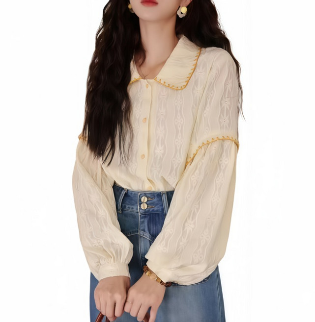 Makone 여성 카라넥 자카드 퍼프 소매 빈티지 코디네이터 루즈핏 큐티 블라우스