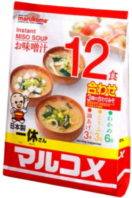 마루코메 잇큐상 간편한 즉석 미소시루 12식+사은품 KF94마스크 2장 된장국 캠핑 혼밥 아침 저녁용 간편식사, 216g, 3개
