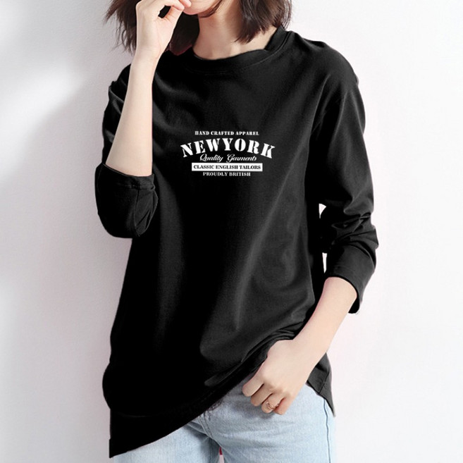 스타일아유 여성용 레터링 긴팔 티 라운드 프린트 newyork 로고 오버핏 긴팔 티셔츠[AYG8TS0243]