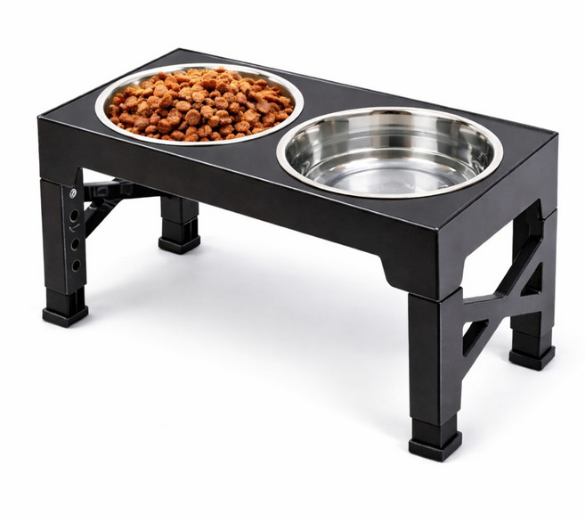 대형견 중형견 반려동물 고양이 높이조절 스테인리스 밥그릇 2구, 1개, 블랙