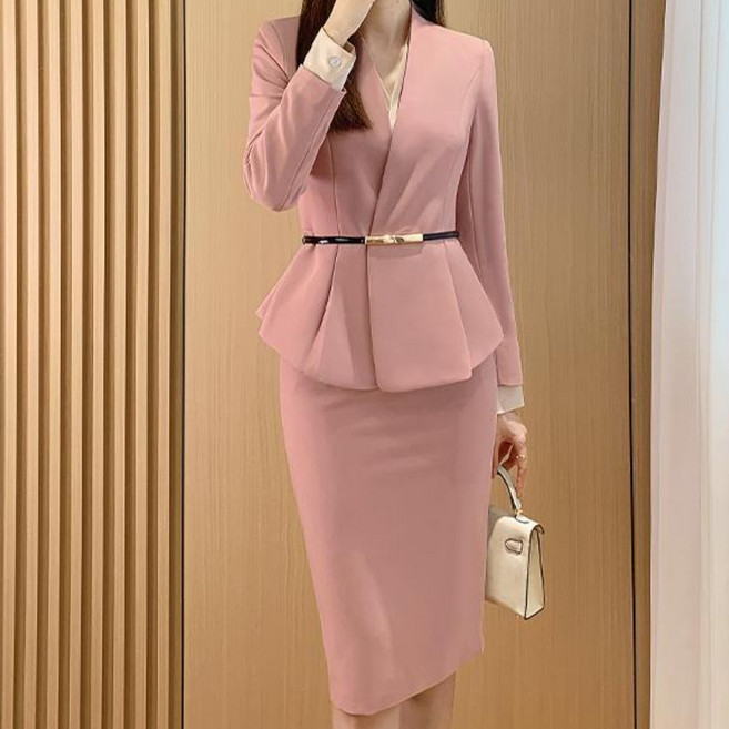 여성 스커트 정장 세트 슬림핏 V넥 블라우스와 벨트 미디 스커트 스타일 YLP