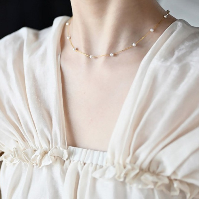 여성용 18k 도금 진주 스테이션 체인 목걸이