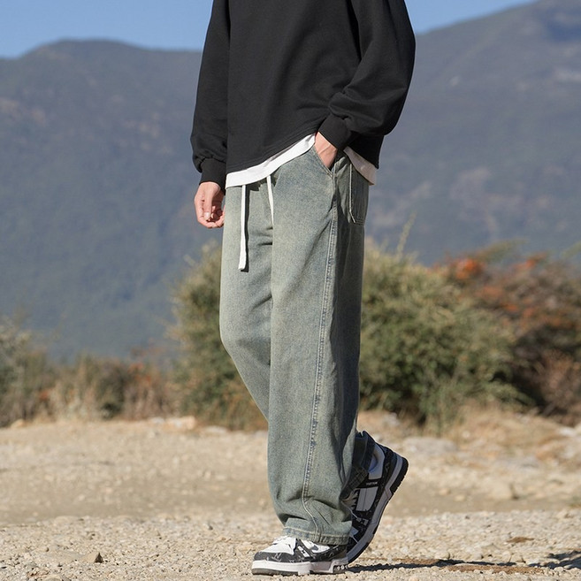 스타일아유 데님 팬츠 밴딩 버튼 스트링 와이드 스트레이트 남성 청바지 DN0524