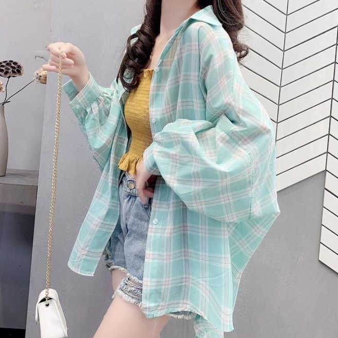 파스텔 쉬폰 루즈핏 체크 블라우스 셔츠