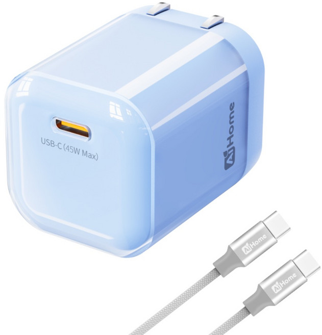 【小冰塊】45W氮化鎵快充組 支援iPhone/Android GaN迷你PD充電器, 1套, 快充頭+1米快充線C轉C, 藍色