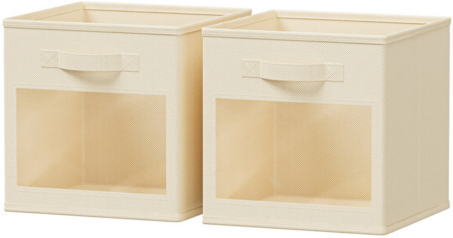 수납 바스켓 다용도 접이식 패브릭 옷정리 수납함 투명창 포함, 2개, 베이지