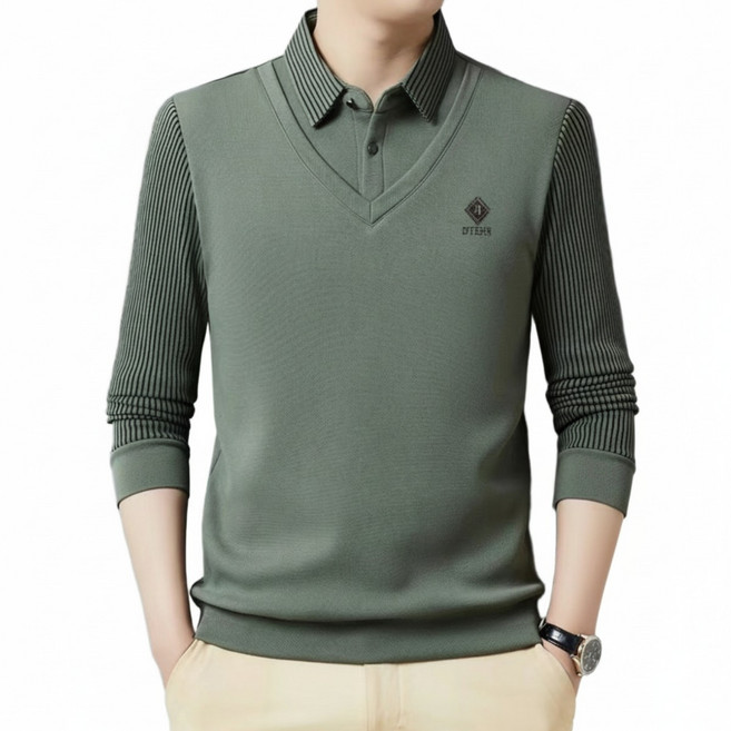 라부라카 2025신상 남자 기모 카라 긴팔티셔츠 페이크 투피스 겨울니트티 골프 상의 폴로 아빠룩 캐주얼 셔츠 남성골프웨어 프리미엄원단