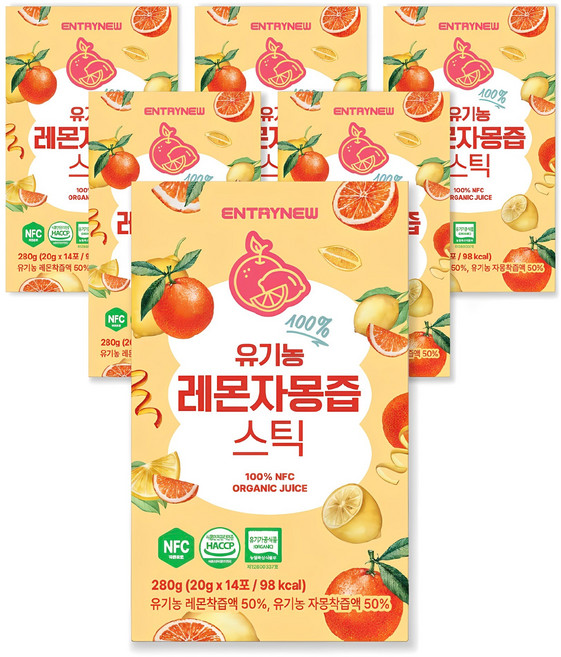 엔트리뉴 유기농 레몬 자몽즙 100% NFC 착즙 원액 레자몽 농축액 스틱, 6박스, 280g
