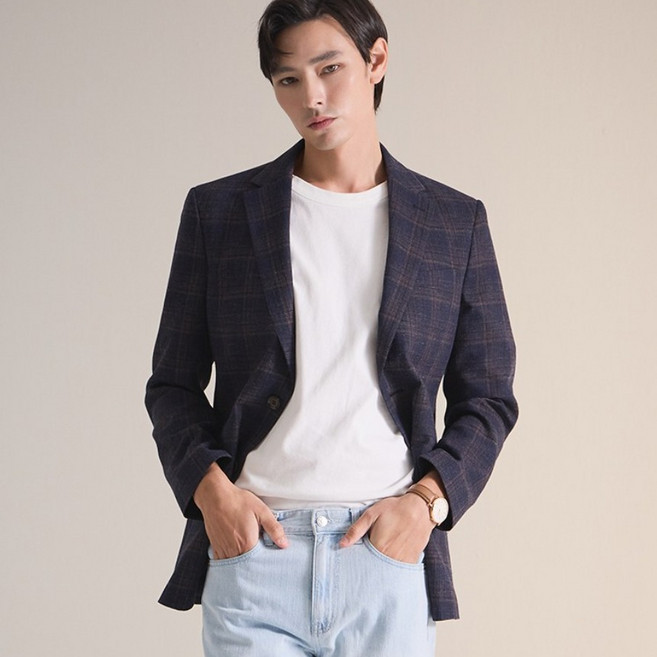 이청청옴므 SS 코튼 린넨 블랜디드 여름 남성자켓 사계절 데일리 출근룩 BFDBMCJ102 체크네이비
